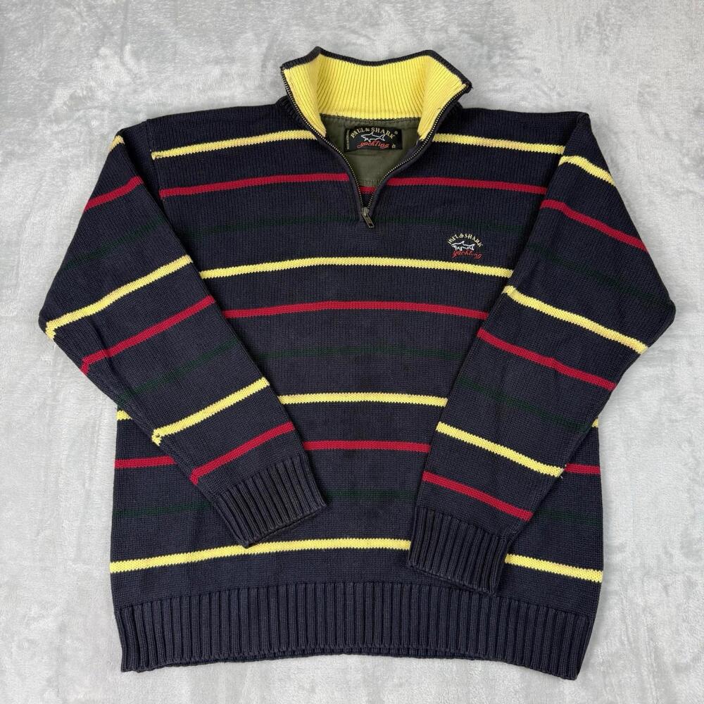 Paul & Shark Yachting Striped Quarter Zip Knit Heavy Sweater Size 52 Italy VTG - Picture 1 of 8
